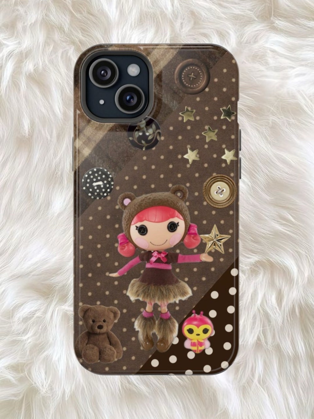 Brown Polka Dot Monchichi Doll Phone Case - Cute Bear Design